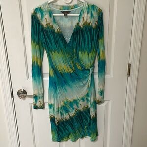 Tommy Bahama tie dye faux warp front twist aqua lagoon lyocell dress M